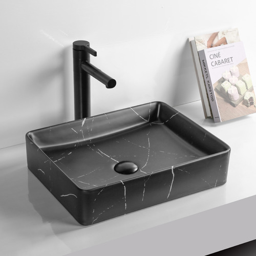 Massimo 470mm Matte Black Carrara Rectangular Ceramic Marble Above Counter Basin