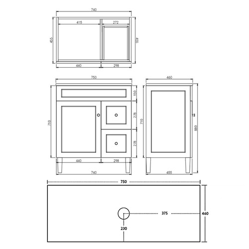 Seraphina 750mm Right Freestanding Single Vanity with Stone Countertop