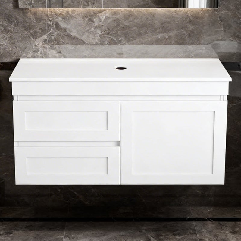 Stefania 900mm Matte White Wall Hung Single Vanity with Stone Countertop