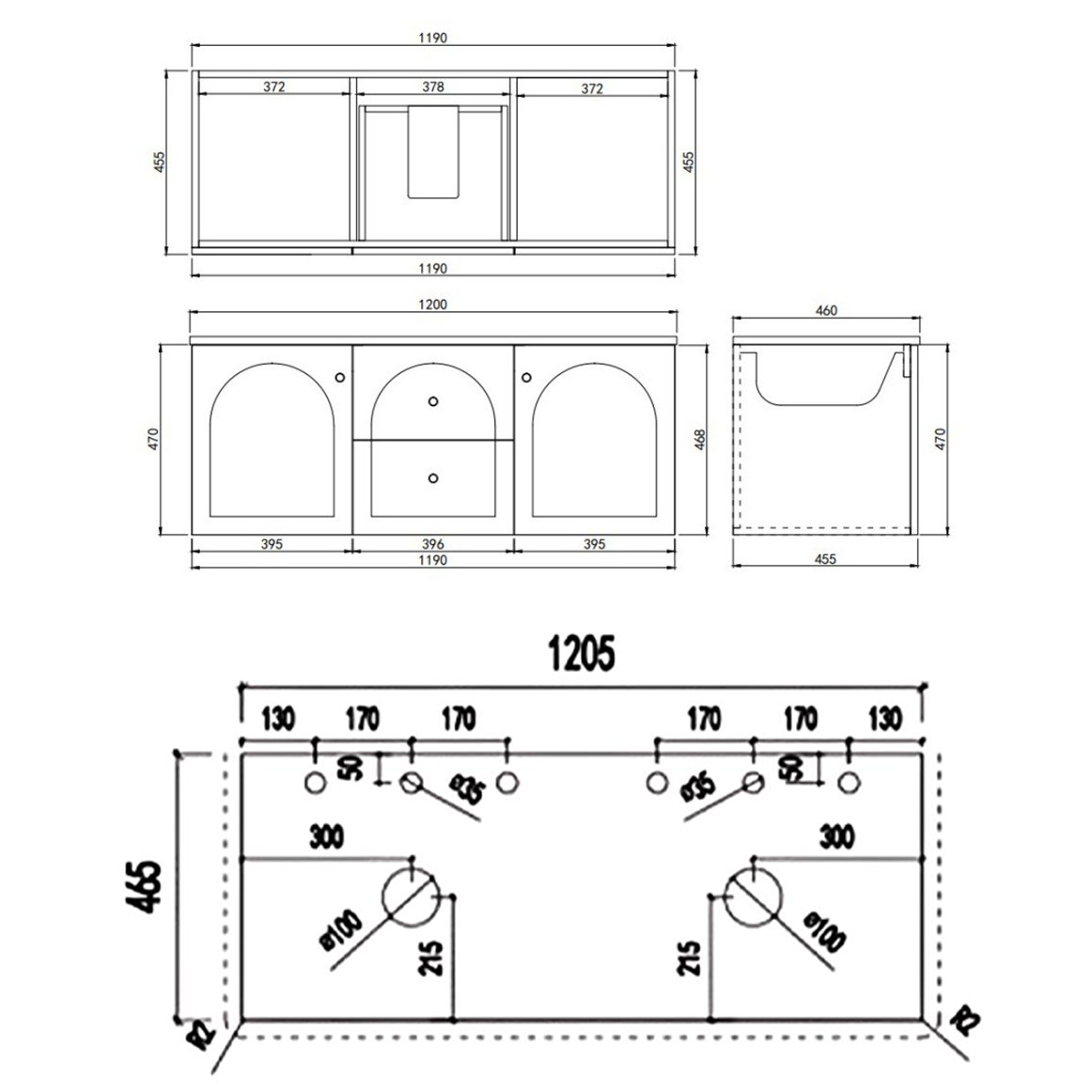 Stevie 1200mm Wall Hung Double Vanity with Stone Countertop