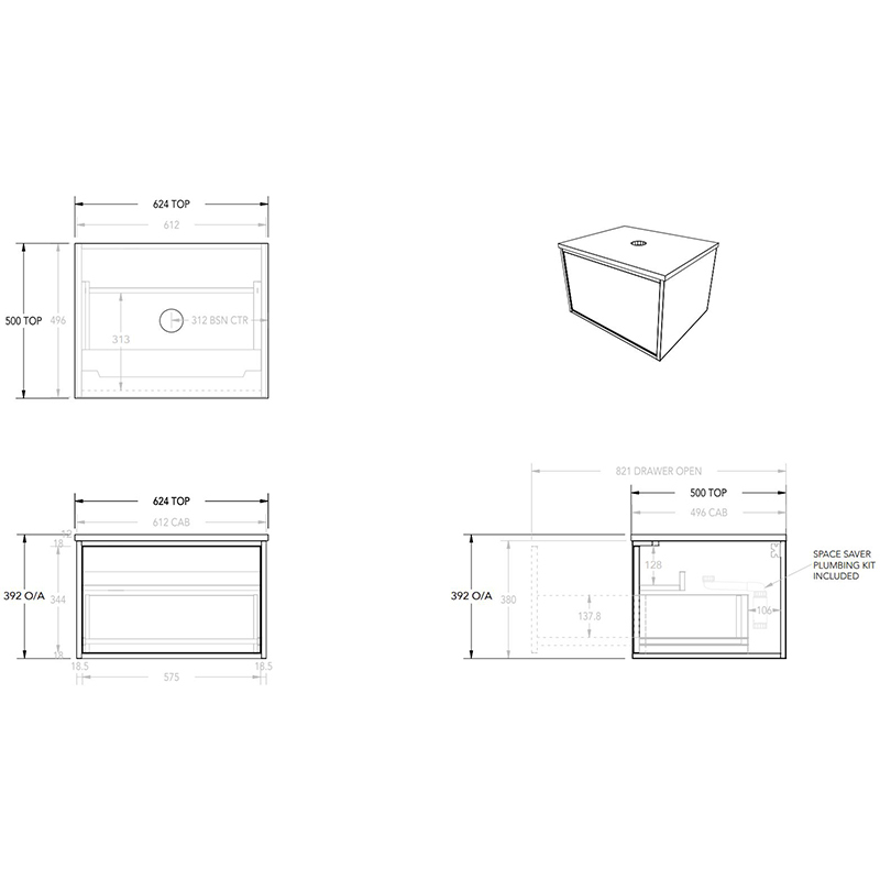 600mm Clifton Wall Hung Vanity Unit