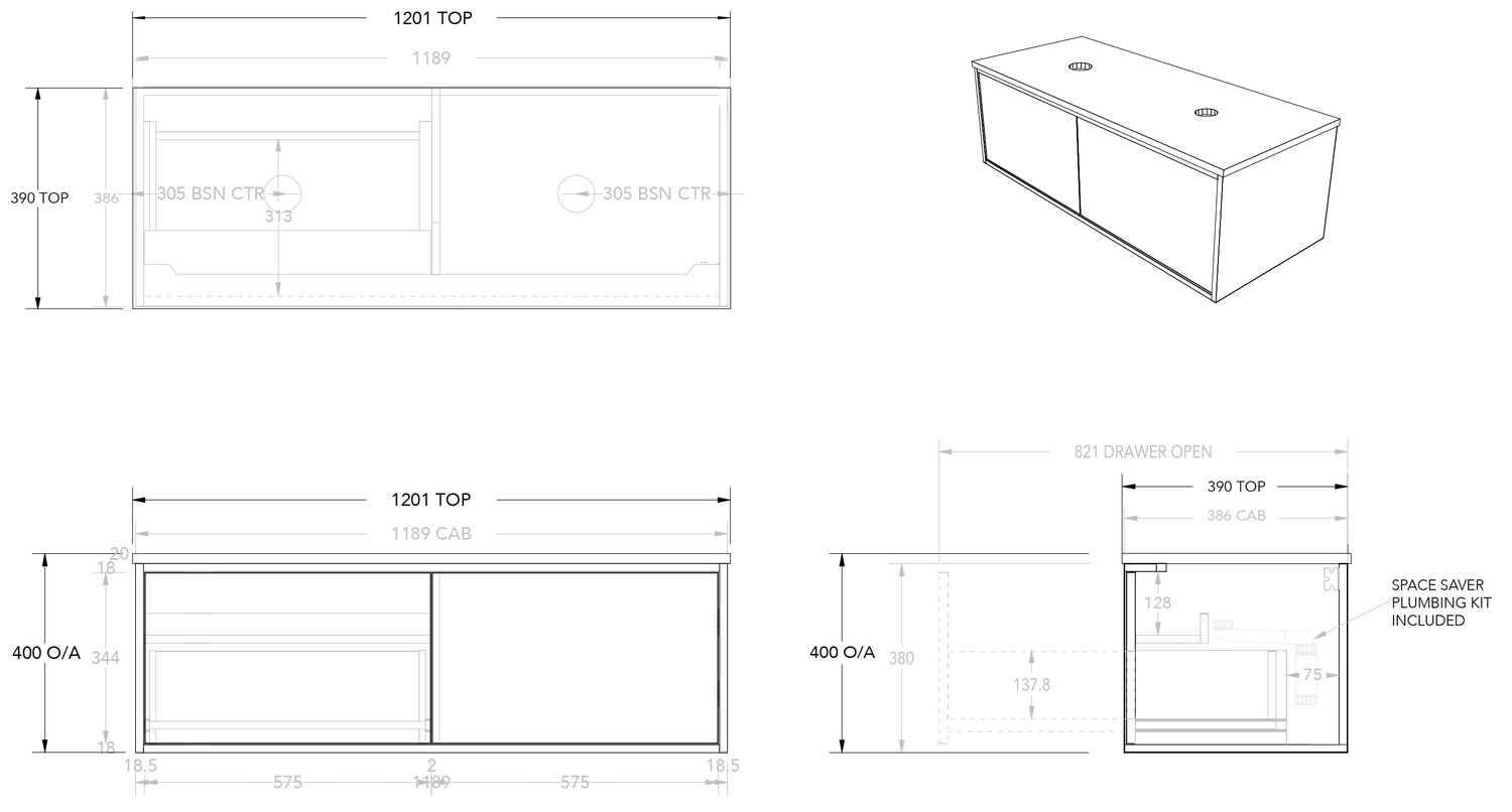 Clifton Ensuite 1200mm Wall Hung Double Vanity
