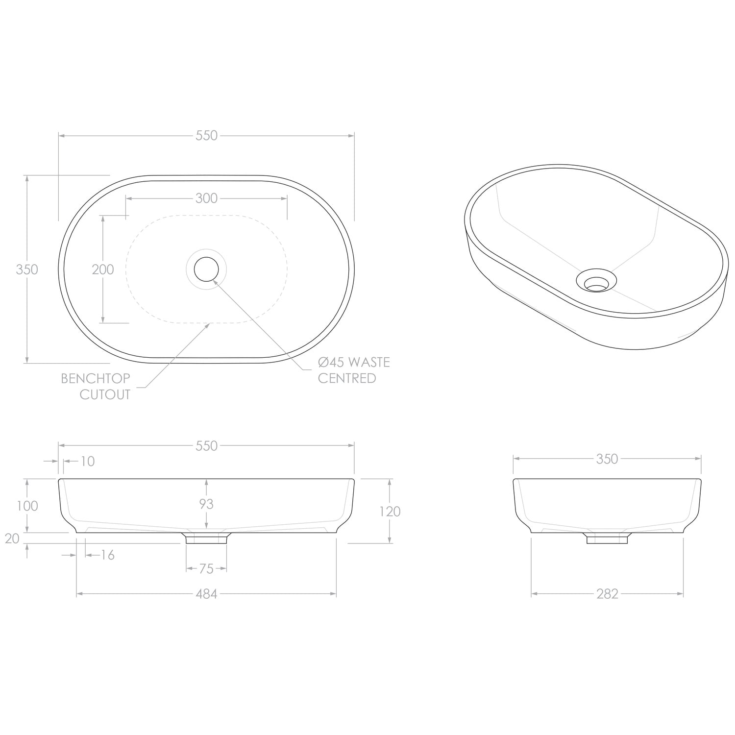 Marilyn 550mm Oval Ceramic Above Counter Basin