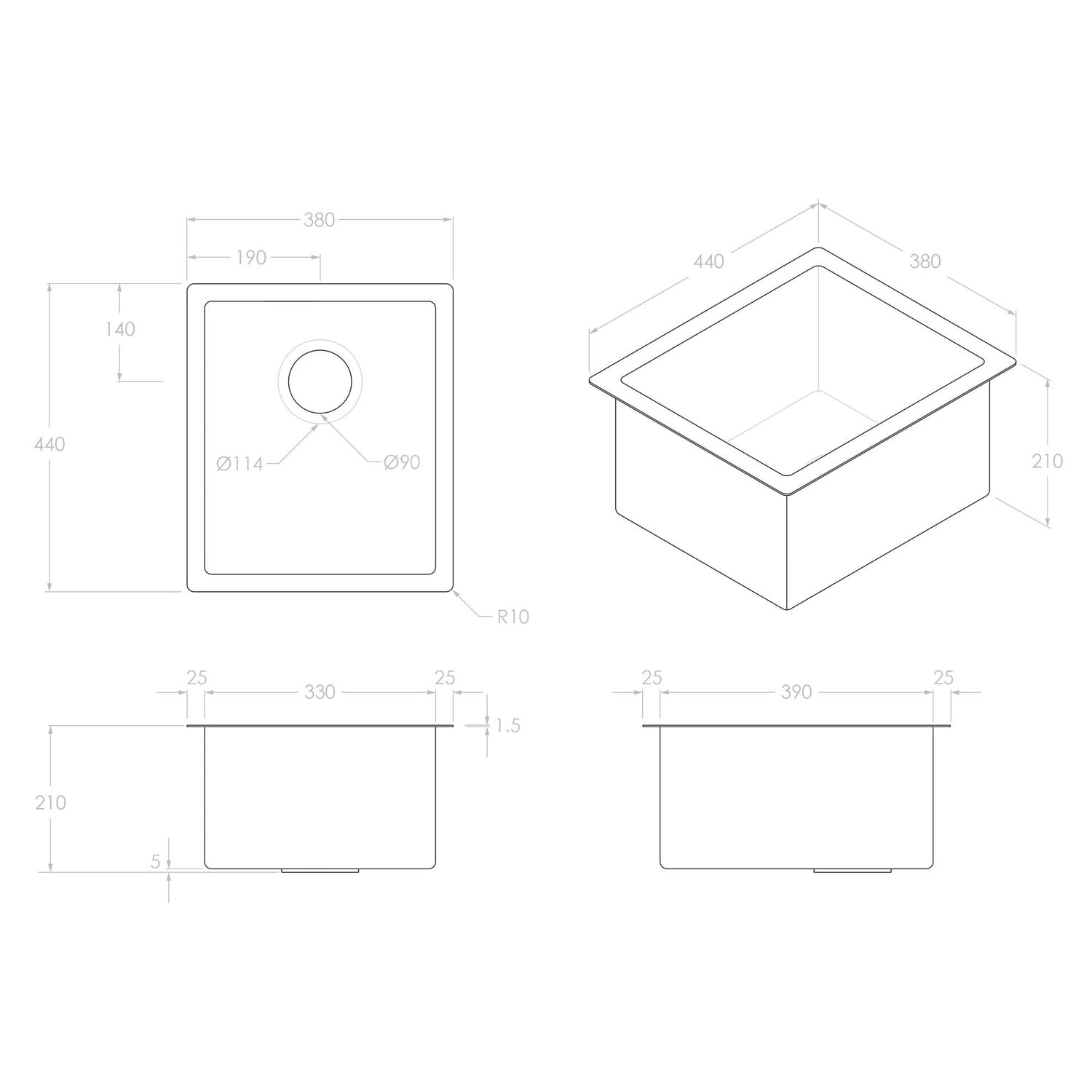 Clovelly 380mm Single Stainless Steel Kitchen Sink