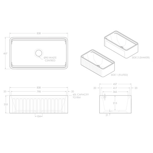 Valcluse 838mm Single Ceramic Kitchen Sink