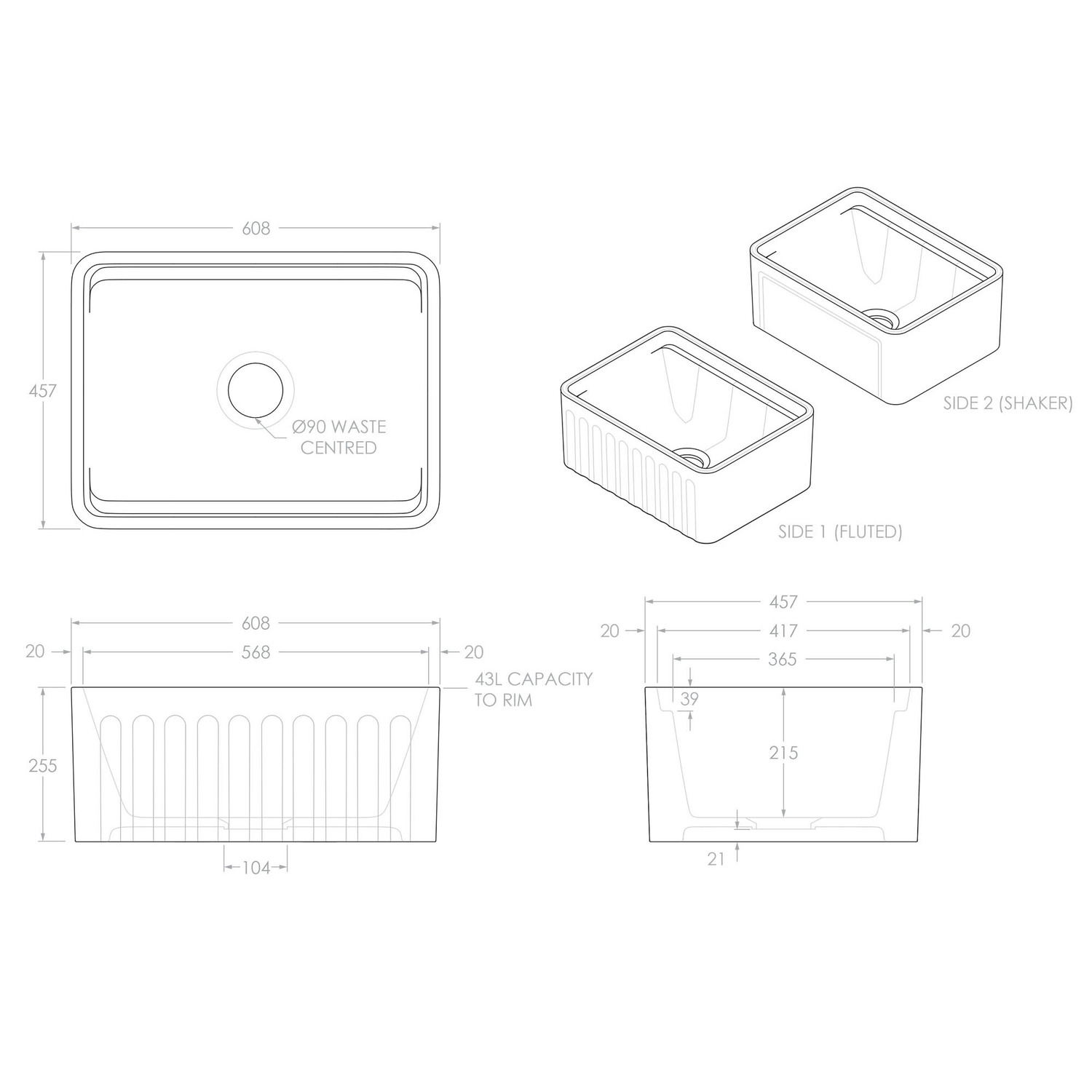 Valcluse 608mm Single Ceramic Kitchen Sink