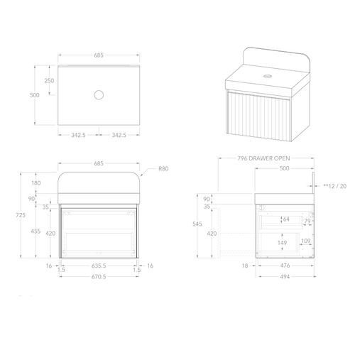 Harper 685mm Wall Hung Single Vanity with Solid Surface Countertop