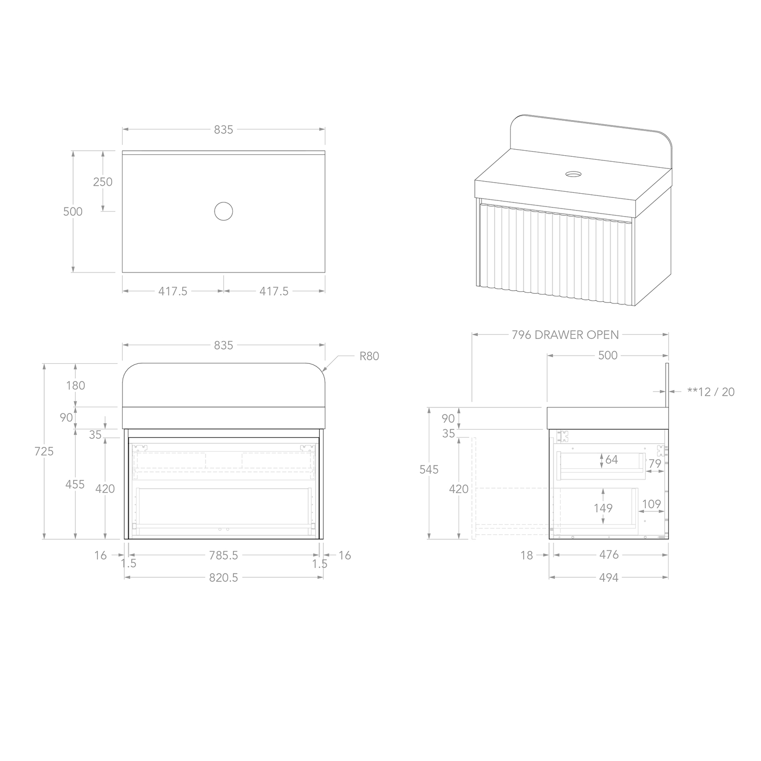 Harper 835mm Wall Hung Single Vanity with Solid Surface Countertop