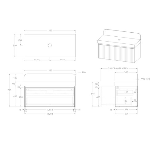 Harper 1135mm Wall Hung Single Vanity with Solid Surface Countertop