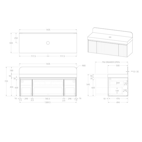 Harper 1435mm Wall Hung Single Vanity with Solid Surface Countertop