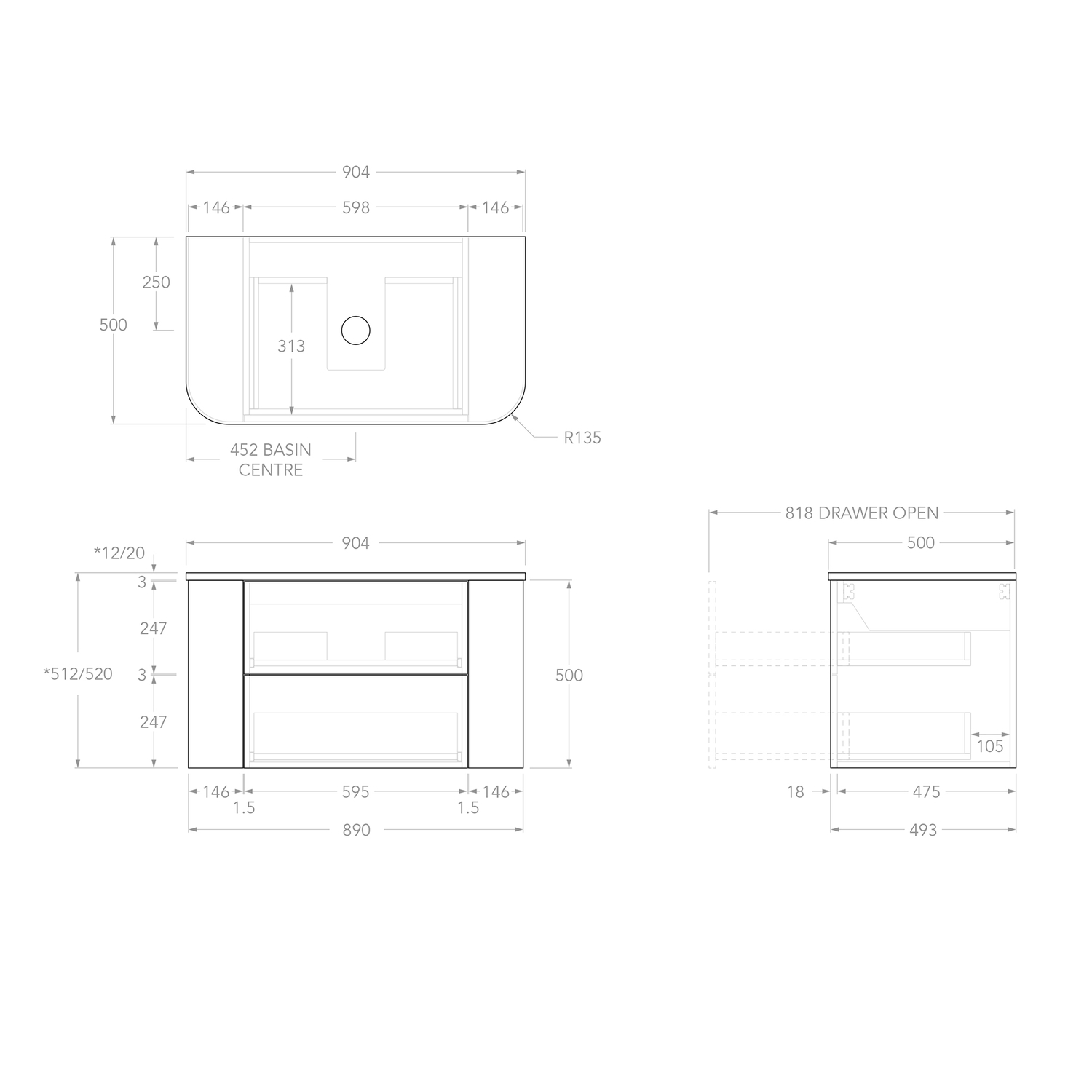 Thirroul 900mm Wall Hung Single Vanity with Solid Surface Countertop