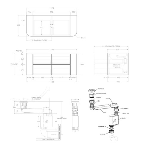 Thirroul 1200mm Wall Hung Single Vanity with Solid Surface Countertop
