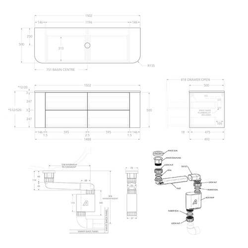 Thirroul 1500mm Wall Hung Single Vanity with Solid Surface Countertop