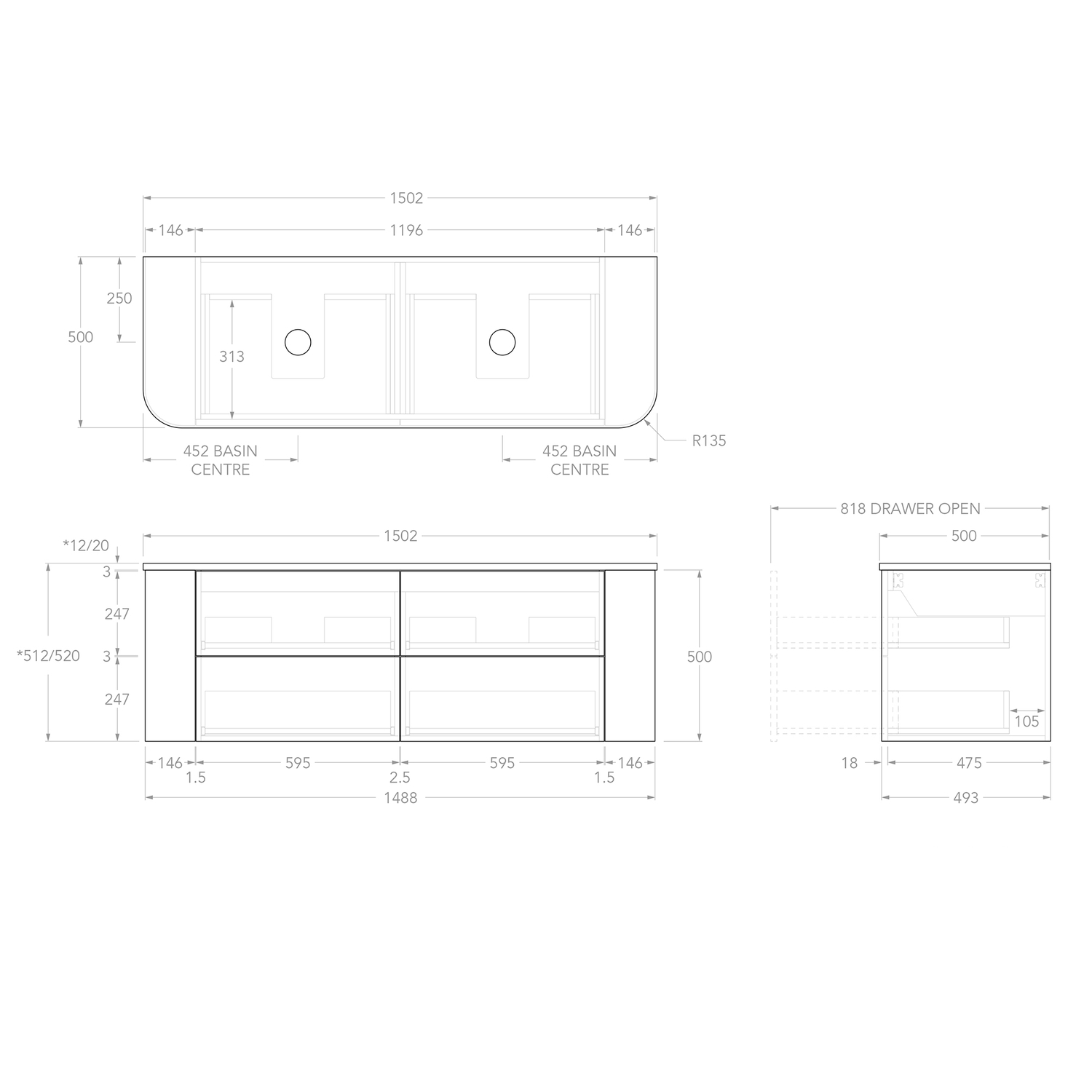 Thirroul 1500mm Wall Hung Double Vanity with Solid Surface Countertop