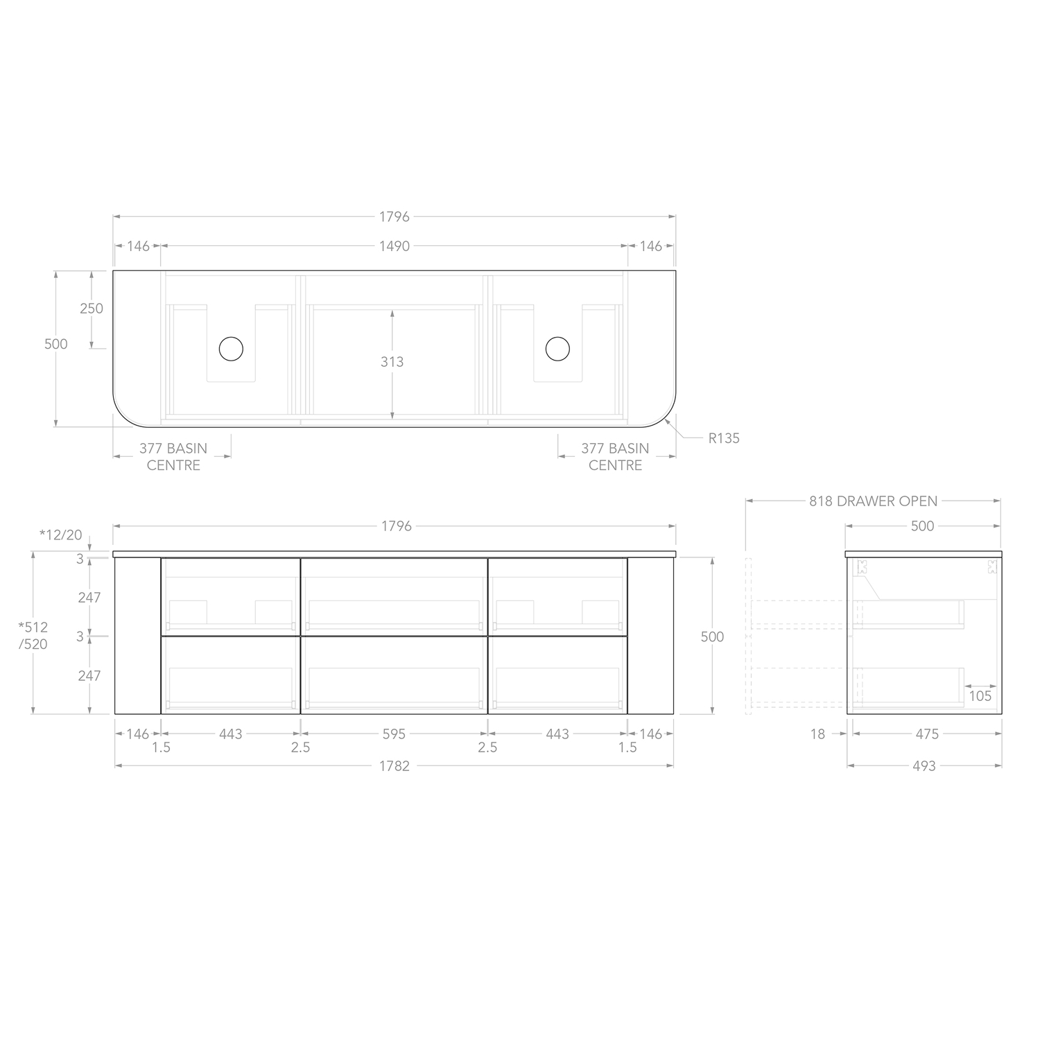 Thirroul 1800mm Wall Hung Double Vanity with Solid Surface Countertop