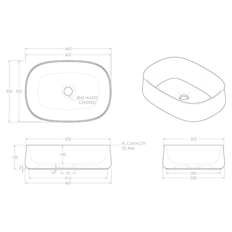 Hewitt 460mm Oval Ceramic Above Counter Basin