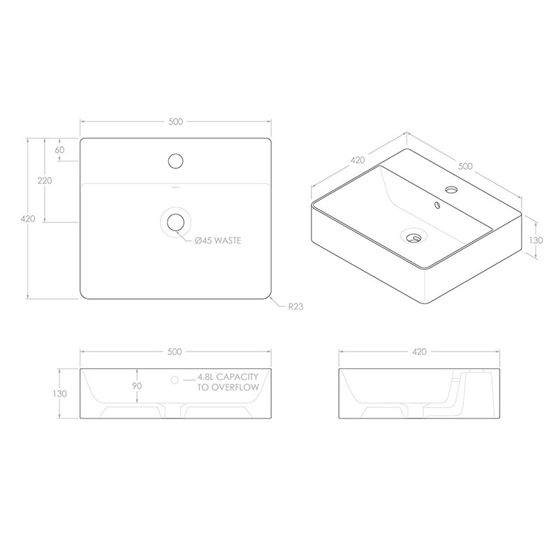 Jack 500mm Rectangular Ceramic Above Counter Basin