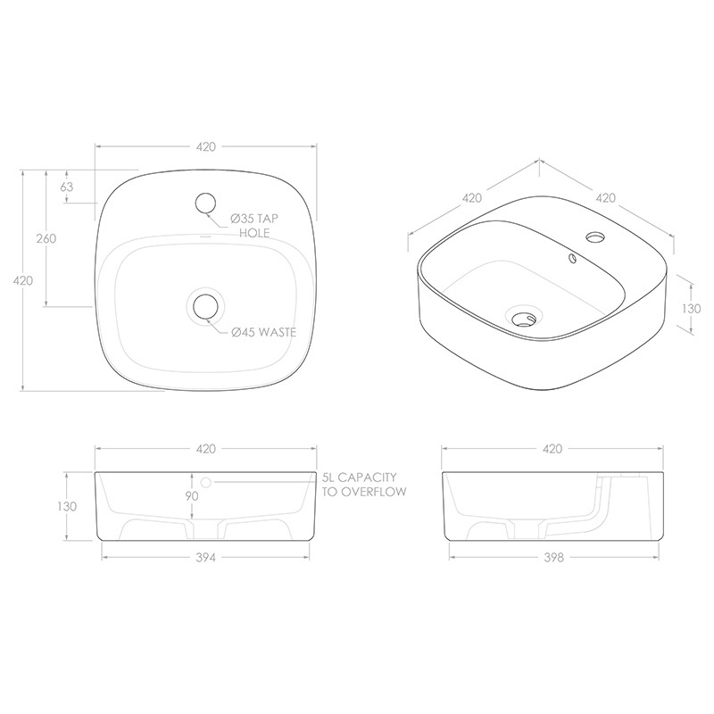 Jill 420mm Square Ceramic Above Counter Basin