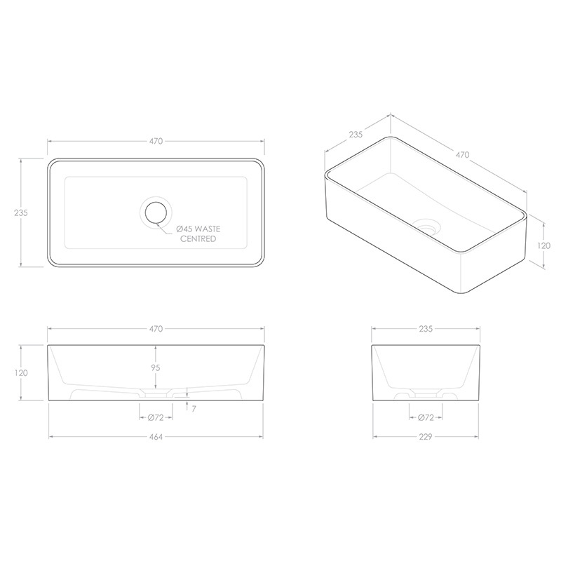 Lisa 470mm Rectangular Ceramic Above Counter Basin