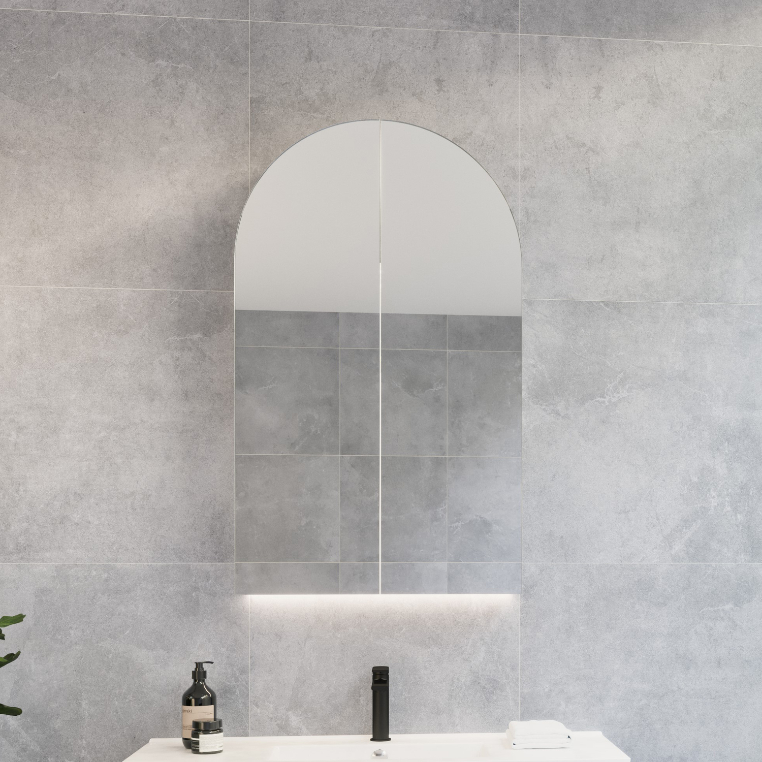 Church 600mm Arch Mirrored Shaving Cabinet with Melamine Shelves