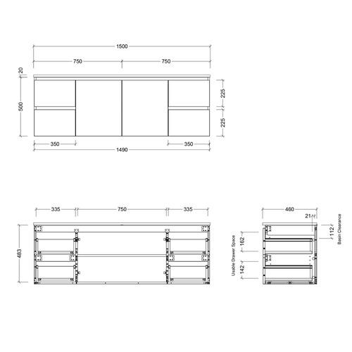 Nevada 1500mm Wall Hung Vanity with Ceramic Countertop