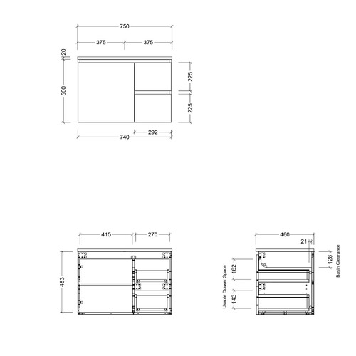 Nevada 750mm Wall Hung Vanity with Ceramic Countertop