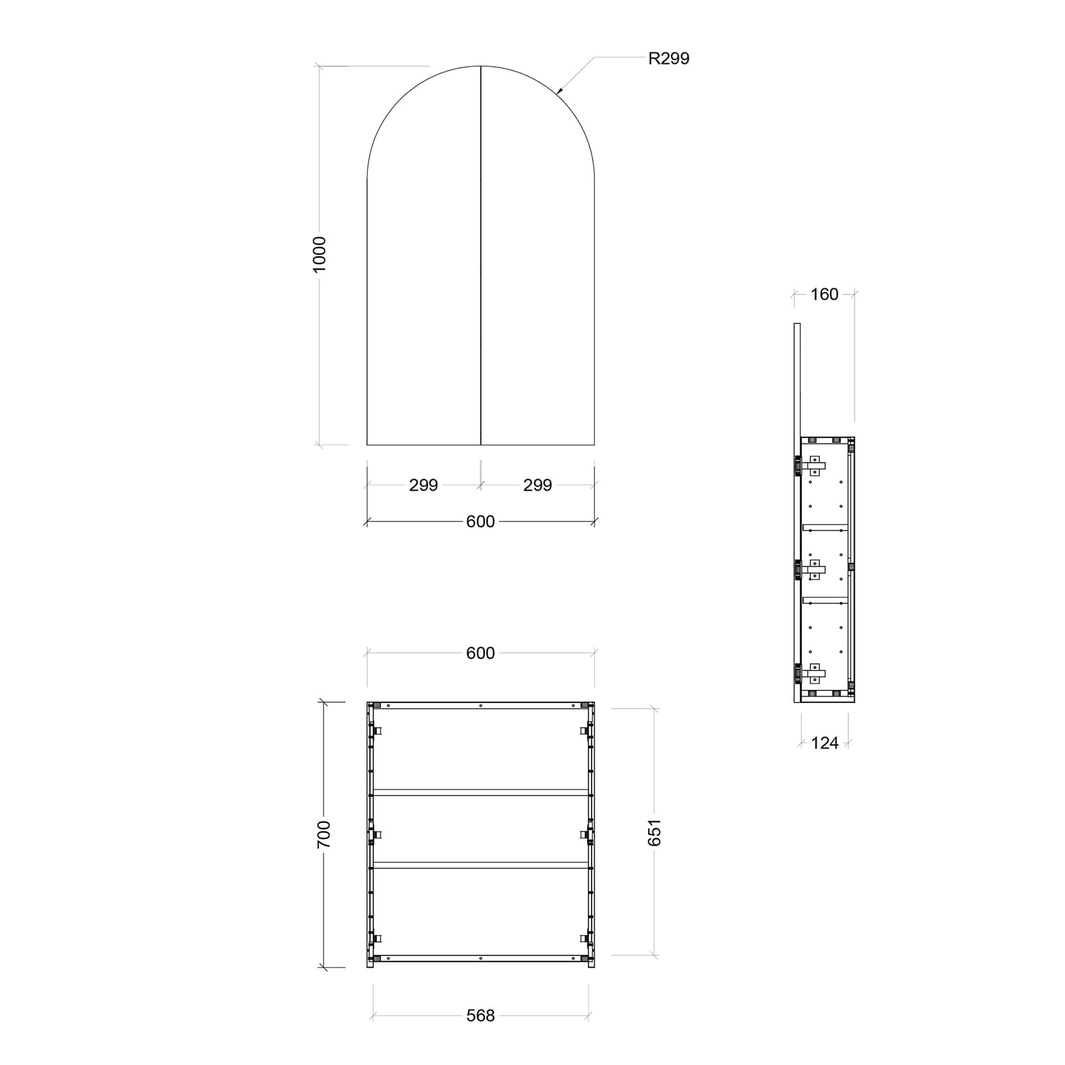 Church 600mm Arch Mirrored Shaving Cabinet with Glass Shelves