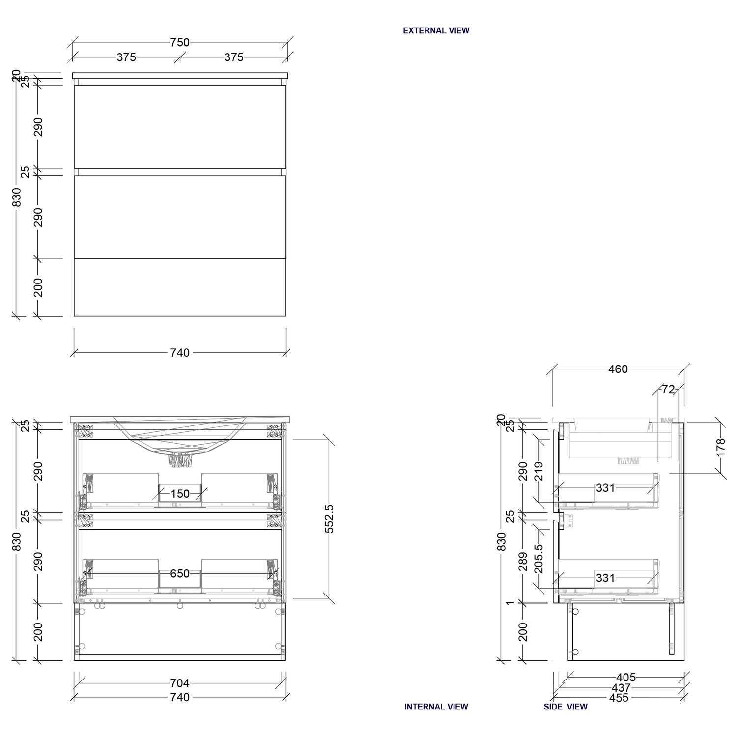 Elemental Plus 750mm Freestanding Single Vanity with Removable Kickboard