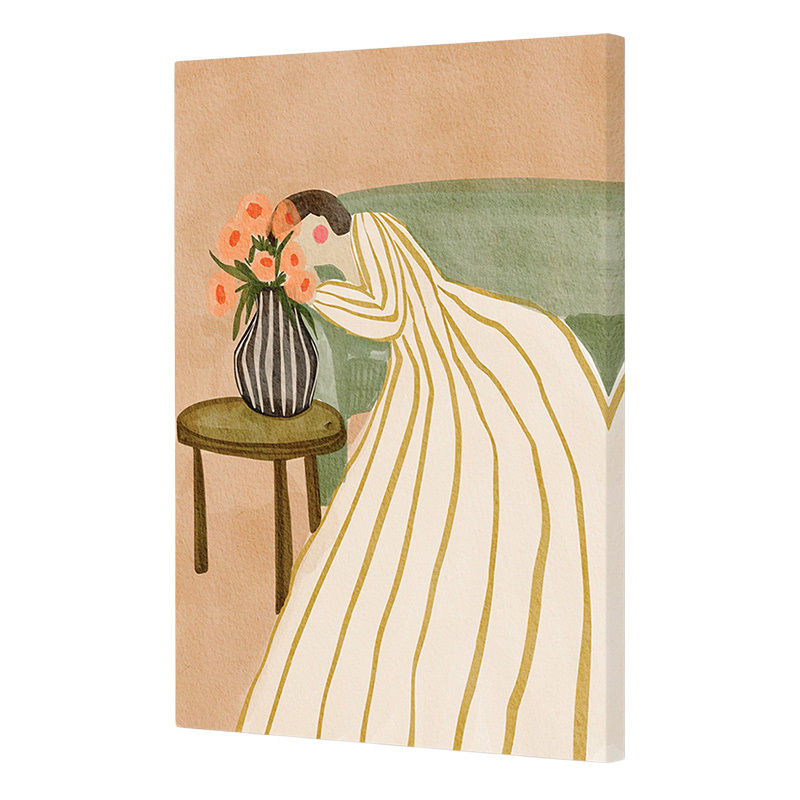 Woman Admiring Flowers Canvas Wall Art