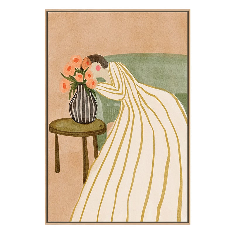 Woman Admiring Flowers Canvas Wall Art