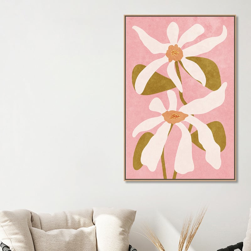 White on Pink Abstract Flowers Canvas Wall Art