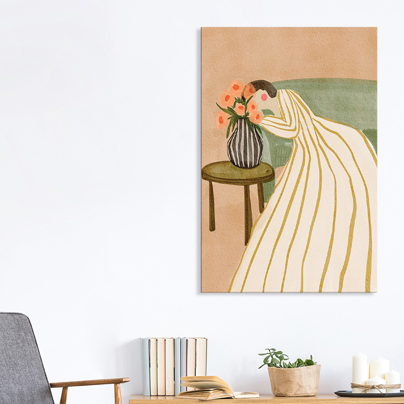 Woman Admiring Flowers Canvas Wall Art