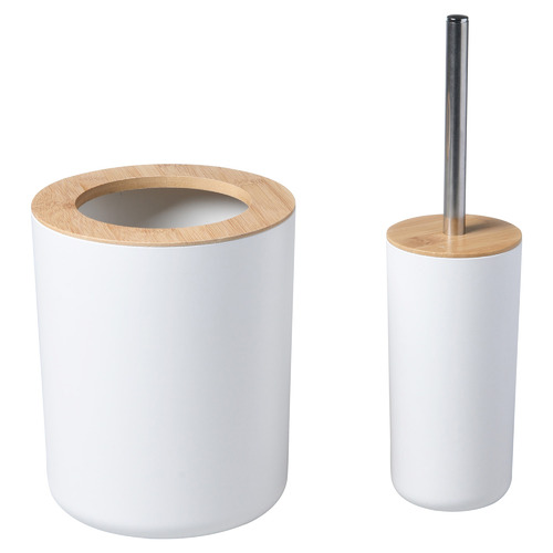 3 Piece Bamboo Toilet Brush & Trash Can Set