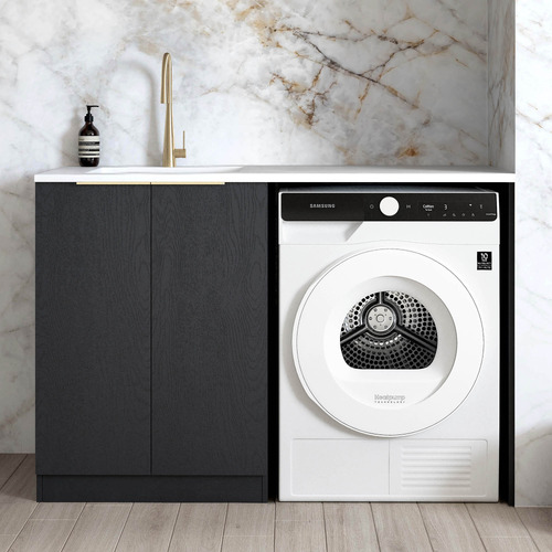 Byron Black Oak Laundry Cabinet with 1300mm Extended Carrara Countertop & Sink