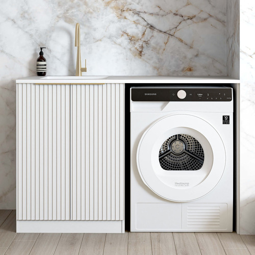 Noosa Matte White Laundry Cabinet with 1300mm Extended Carrara Countertop & Sink