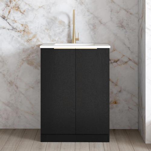 Byron 650mm Black Oak Laundry Cabinet with Carrara Countertop & Sink