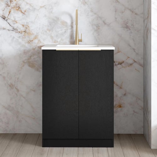 Byron 650mm Black Oak Laundry Cabinet with White Countertop & Sink