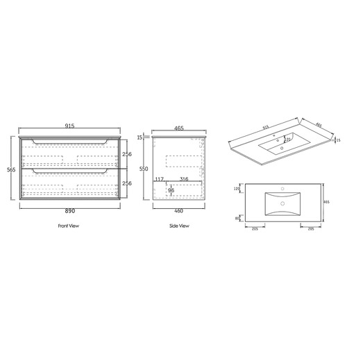 Byron 900mm Wall Hung Single Vanity with Ceramic Countertop