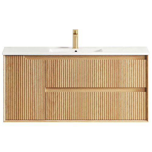 Byron Fluted 1200mm Woodland Oak Wall Hung Single Vanity with Ceramic Countertop