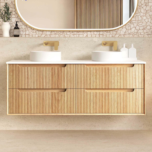 Byron Fluted 1500mm Woodland Oak Wall Hung Single Vanity with Countertop