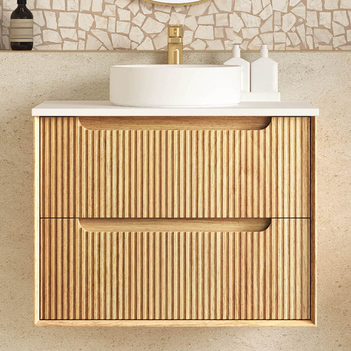 Byron Fluted 750mm Woodland Oak Wall Hung Single Vanity with Countertop