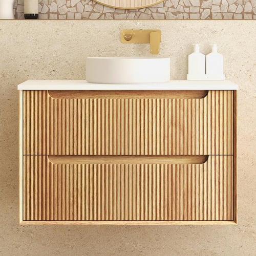 Byron Fluted 900mm Woodland Oak Wall Hung Single Vanity with Countertop