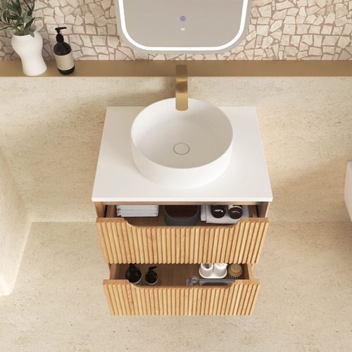 Byron Fluted 600mm Woodland Oak Wall Hung Single Vanity with Countertop
