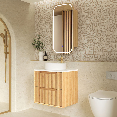 Byron Fluted 600mm Woodland Oak Wall Hung Single Vanity with Countertop