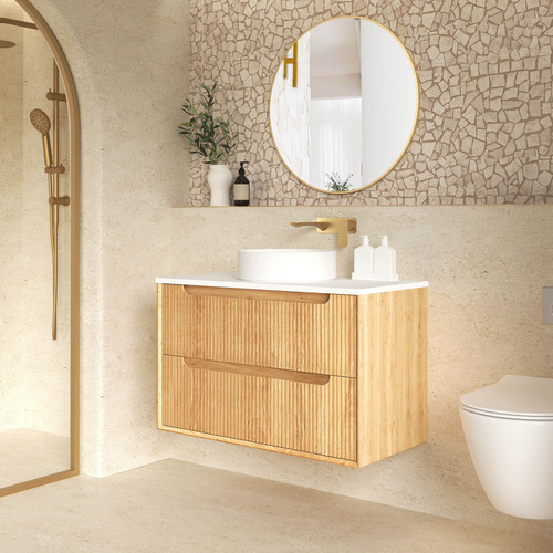 Byron Fluted 900mm Woodland Oak Wall Hung Single Vanity with Countertop
