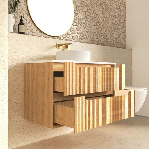 Byron Fluted 900mm Woodland Oak Wall Hung Single Vanity with Countertop