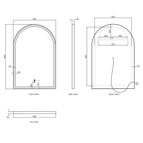 Archie 900 x 600mm Arched Metal LED Bathroom Mirror