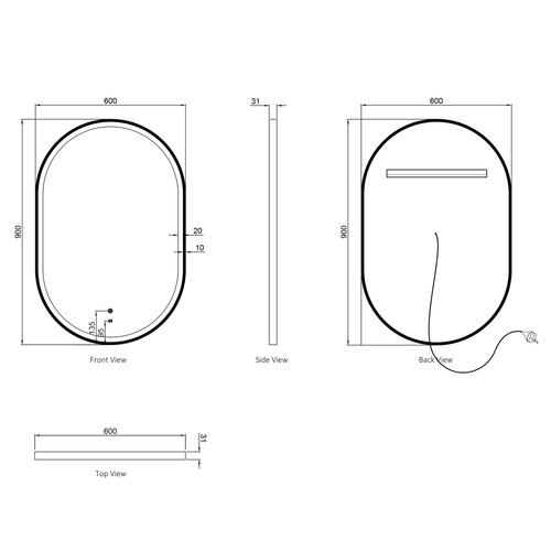 Noosa 900 x 600mm Oval Metal LED Bathroom Mirror