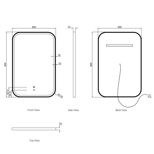 Newport 900 x 600mm Rectangle Metal LED Bathroom Mirror