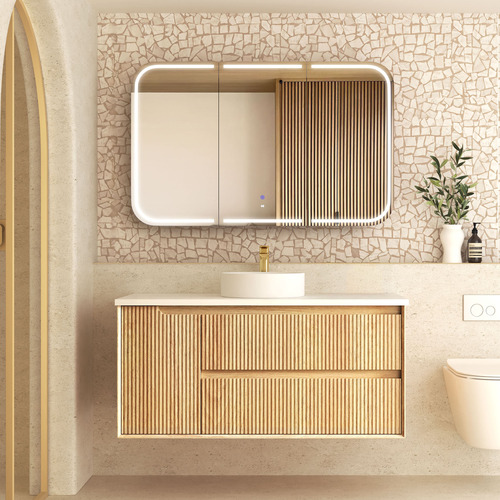 Byron Fluted 1200mm Woodland Oak Wall Hung Single Vanity with Countertop